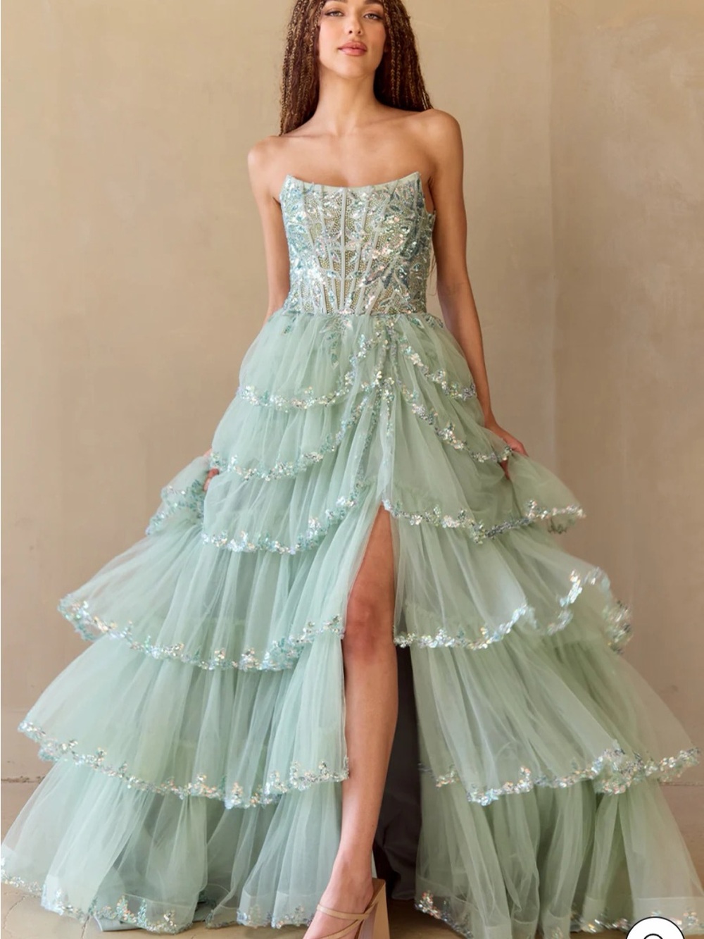 Elegant Strapless Tiered Mint Gown with Embellished Corset
